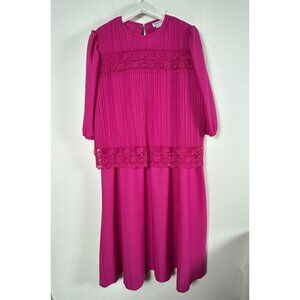 Vintage Sandi Dee Fuchsia Pink Puff Sleeve Pleated Dress with Lace Trim Size 16W